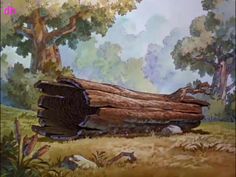 a painting of a log in the middle of a field with trees and birds around it