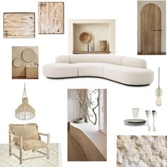 a collage of furniture and decor in neutral tones