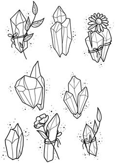 black and white drawing of different types of diamond shapes with flowers on each one side