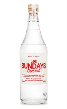 a bottle of los sunday's coconut water on a white background with red lettering