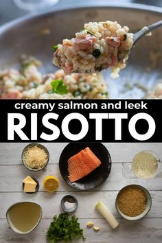 salmon and leek risotto on a spoon with the title creamy salmon and leek risotto