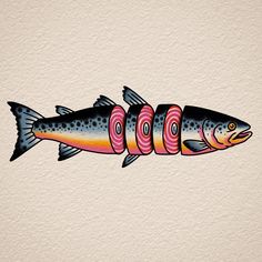 a drawing of a fish with pink and orange stripes on it's tail, in front of a white wall