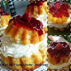 three pictures of strawberry shortcakes with whipped cream and raspberry sauce