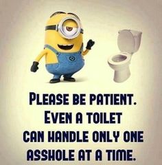 a minion standing next to a toilet with the caption, please be patient even a toilet can handle only one ashole at a time