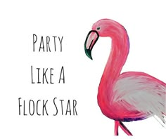 a pink flamingo standing in front of a white background with the words party like a flock star