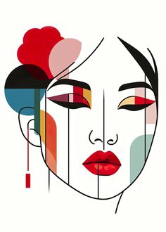 a woman's face with colorful lines and shapes on it, as if she is wearing