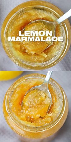 two jars filled with lemon marmalade on top of a table