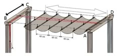 an image of a pergolated roof with measurements for the top and bottom sections