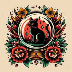 a black cat sitting on top of a mirror surrounded by flowers