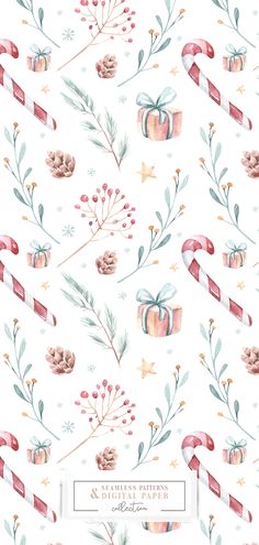 a watercolor christmas pattern with candy canes