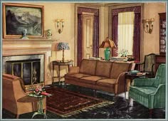 a drawing of a living room with couches, chairs and a fireplace in it