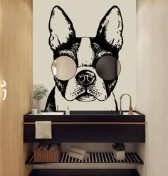 a black and white dog with sunglasses on it's face is shown in the bathroom