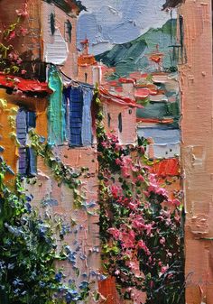 an oil painting of colorful buildings and flowers