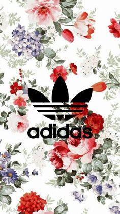 the adidas logo is surrounded by red, white and blue flowers on a white background