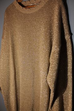 "Vintage, 1970's, Shenanigans, over-sized beige-brown sparkly crewneck sweater. RN 62078. Gently worn. In overall nice condition without any rips, pulls, or stains. 75% Acrylic 25% Metallic Women's Small Length, 31\" Underarm to underarm, 24\" Sleeves, 19\"" Gold Crew Neck Sweater For Fall, Gold Long Sleeve Sweater, Beige Winter Party Sweater, Troy Ny, Knitted Beret, Womens Sweaters, Beret Hat, Knit Crewneck, Beige Sweater