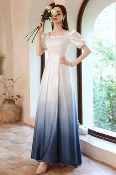 Ombre Short Sleeves Square Neckline Satin Blue Long Prom Dress with Pe – Uniquedresss Satin Full Sleeve Gown, Gaun Satin Dresses, Satin Bridesmaid Dresses With Sleeves, Baju Bridesmaids, Prom Dress With Pearls, Satin Gown Designs, Blue Long Prom Dress, Dress With Pearls, Bridesmaid Satin