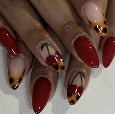 #leopardnails #nailart #tortoiseshell #leopardprint #rednails #nailsart #cherry #naildesign #summernails Design French Tip, Nail Autumn, Classy Acrylic, Colourful Nails, Wine Nails, Cherry Design, Maroon Nails, September Nails