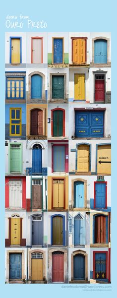 many different colored doors and windows on a wall