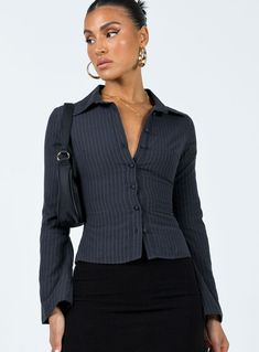 Anni Pinstripe Shirt Black Collared Pinstripe Top For Workwear, Cotton Top With Striped Sleeves For Work, Cotton Workwear Top With Striped Sleeves, Pinstripe Long Sleeve Office Tops, Business Casual Vertical Stripes Button-up Tops, Vertical Stripes Button-up Top For Work, Pinstripe Cotton Button-up Blouse, Fitted Black Top With Vertical Stripes, Trendy Striped Workwear Shirt