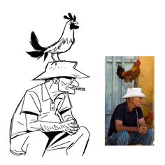 an old man sitting next to a drawing of a chicken on top of his head