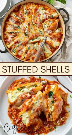 two different images of stuffed shells with sauce and cheese