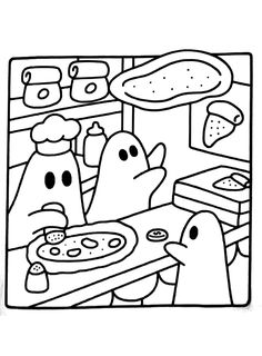 a coloring page with some food items in the oven and two ghost like people cooking