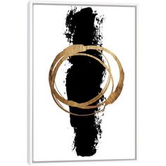 a black and white painting with gold rings on it's side, against a white background