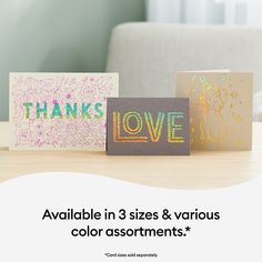 three greeting cards on a table with the words love and thank you in gold foil