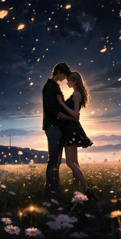 a couple kissing in the middle of a field at night with stars falling from the sky