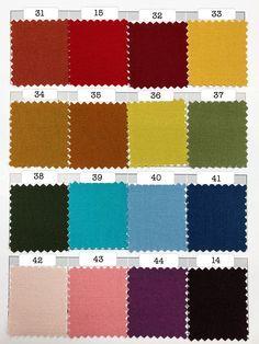 color swatches with different colors and numbers for the same fabric material, including red, green