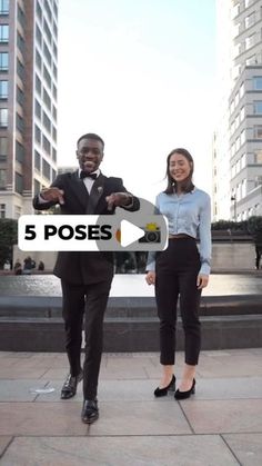 a man and woman standing next to each other in front of tall buildings with the words 5 poses