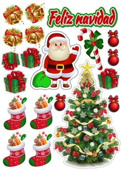 a christmas sticker set with santa claus and other holiday decorations, including stockings, bells,