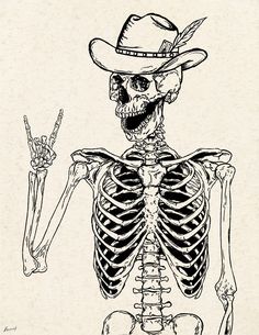 a drawing of a skeleton wearing a cowboy hat