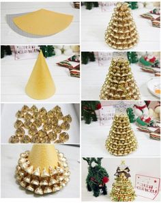 several different types of christmas trees made out of gold and silver glittered objects,