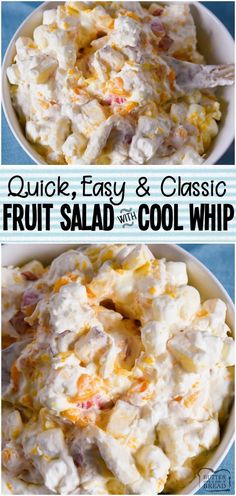 two pictures showing how to make a fruit salad with the words quick easy and classic