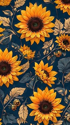 a blue background with yellow sunflowers and leaves