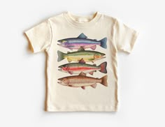 Abstract Colorful Trout In A Row Toddler Shirt - River Fish Species - Fishing With Daddy - Natural Boho Adult, Toddler & Youth Tee If you love super soft, lightweight, extremely comfy shirts and baby bodysuits then you will absolutely love our unisex kids shirts and baby bodysuits! These shirts are hand printed with a professional garment printer for a soft, durable, long lasting, printed graphic using high quality water based inks. * The printed design is very soft to the touch due to our print River Fish, Fish Species, Natural Boho, Kids Fishing, River Fishing, Comfy Shirts, Fishing Shirts, Kid Tees, Kids Tops