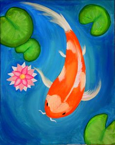 an acrylic painting of a koi fish with lily pads and water lilies