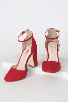 Chic Red Suede Heels - Ankle Strap Heels - Block Heels - Lulus Red Prom Shoes, Heels Block, Pretty Heels, Red Suede Heels, Heels Red, Heels Outfits, Prom Heels, Red High Heels, Heels Classy