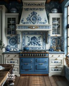 Ornate Kitchen Cabinets, Vintage Stove, Blue White Kitchens, Fancy Kitchens, Dream Kitchens Design, Blue White Decor