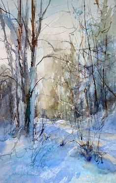 watercolor painting of trees in the snow