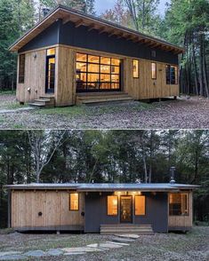 two pictures side by side of a small cabin in the woods with windows and doors open