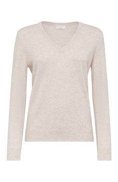 The noble cashmere fiber is characterized by an extreme fineness and also for its precious insulating qualities which guarantee warmth, providing coverage and lightness when worn. V-neck Regular sleeve Plain stitch Nickel-free monili decoration Elegant Beige Cashmere V-neck Sweater, Elegant Beige V-neck Sweater For Winter, Cream Cashmere V-neck Sweater For Winter, Cream Long Sleeve Cashmere Sweater, Elegant Long Sleeve Merino Wool V-neck Sweater, Luxury Beige Long Sleeve Tops, Elegant Cream V-neck Sweater, Elegant Cream V-neck Sweater For Fall, Luxury Long Sleeve Beige Top