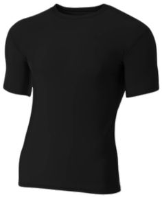 Black Compression Crew Neck Top, Black Fitted T-shirt, Black Fitted Crew Neck Shirt, Black Snug Fit Casual T-shirt, Basic Black Snug Fit Tops, Black Snug Fit Crew Neck Top, Fitted Solid Color Moisture-wicking T-shirt, Black Snug Fit Basic Tops, Fitted Solid Moisture-wicking T-shirt