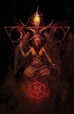 an angel sitting on top of a demon's head in front of a pentagramus