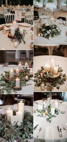 the table is decorated with candles and greenery