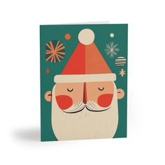 a christmas card with a santa clause on it's face and stars in the background