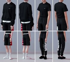 multiple shots of men's black clothing with white and red letters on the side