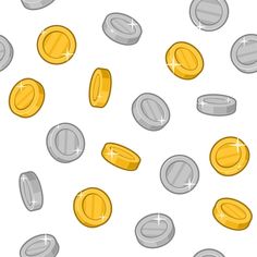 some gold and silver coins are scattered on a white background, with sparkles in the middle