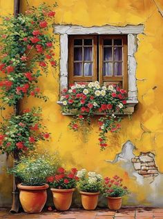 a painting of some flowers in front of a yellow building with windows and potted plants